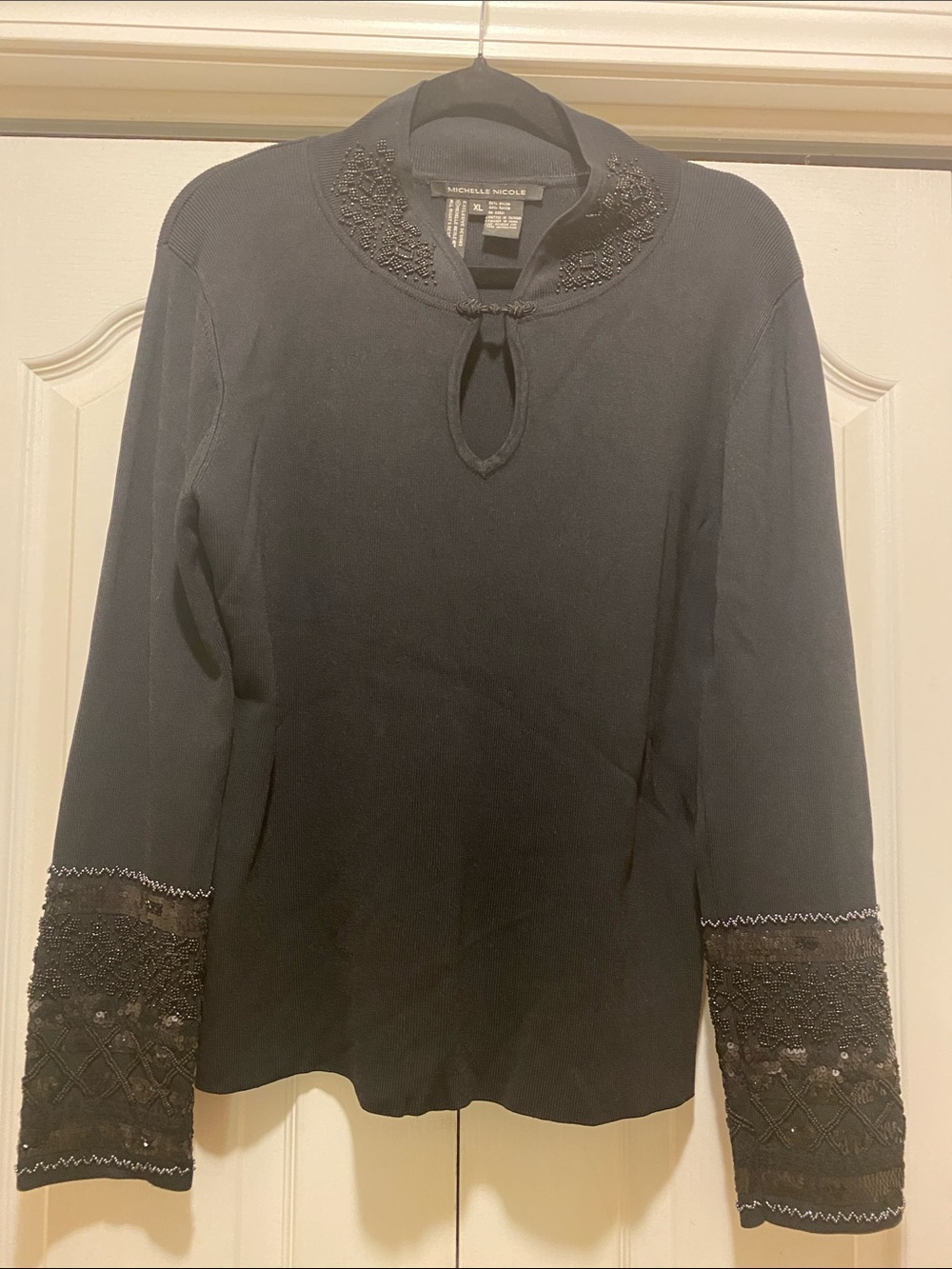 Michelle Nicole Black Beaded Lace-Cuff Long Sleeve Top